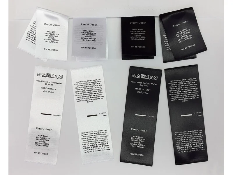 Prato Macrolotto Cartellini per abbigliamento mostrato come esempio di produzione di etichette tessili con cartellino, etichetta taglia e toppa tessile